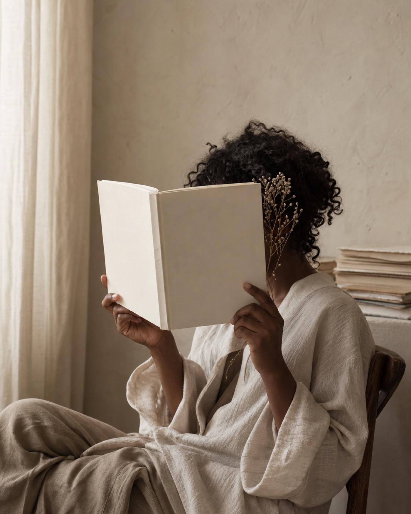 Deborah seated in cream linen, reading a blank book that obscures her face.