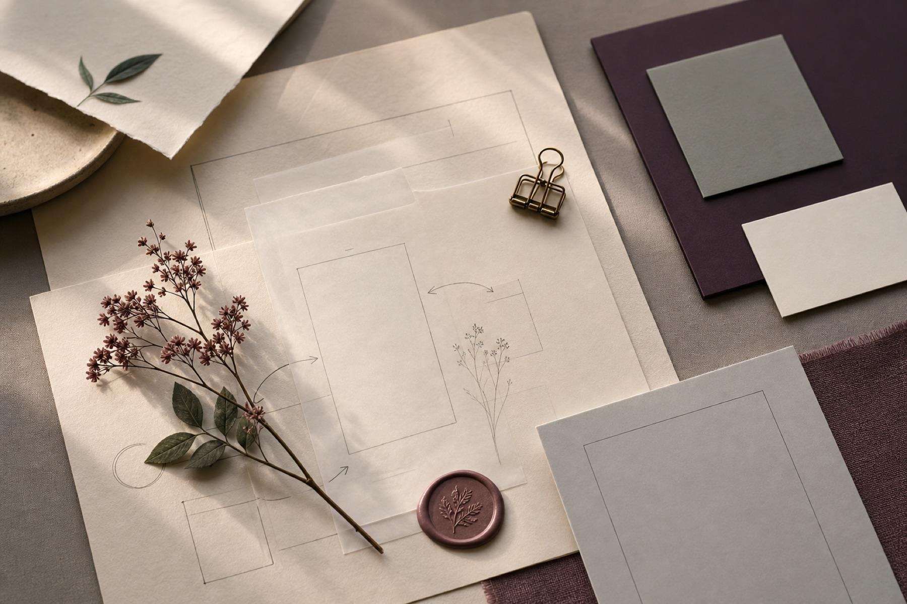 Tracing paper, wireframe sketches, botanicals and project fragments arranged on a softly lit studio desk.