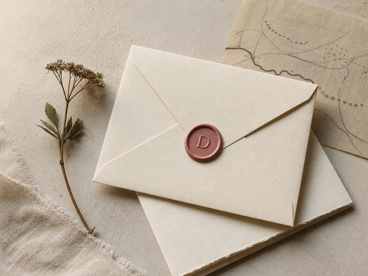 A cream envelope sealed with a dusty-rose D beside a dried botanical stem and an abstract map.