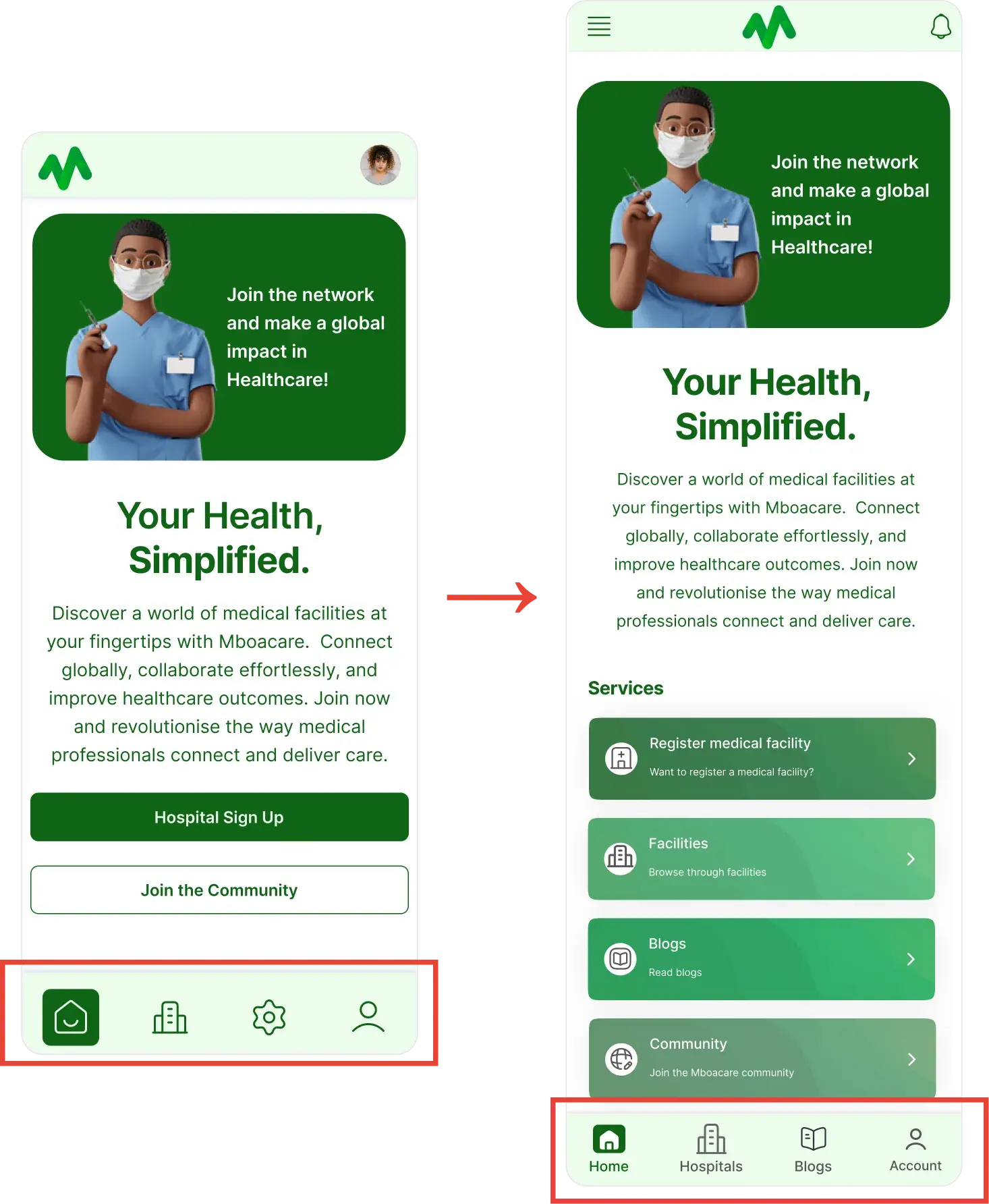 Mboacare mobile screens showing the healthcare-facility search experience.