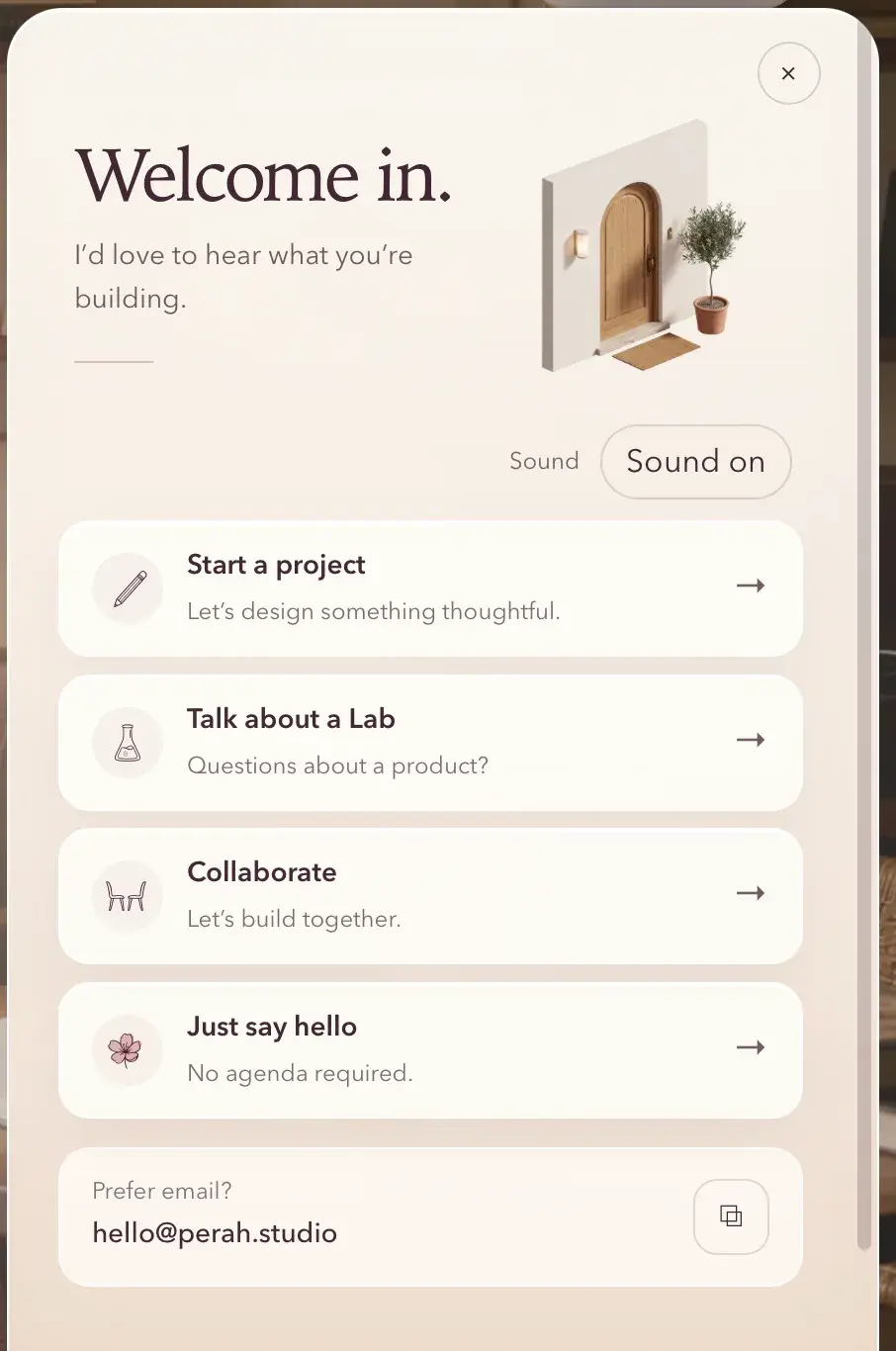 Perah Studio Doorbell with project, Lab, collaboration and hello contact choices.