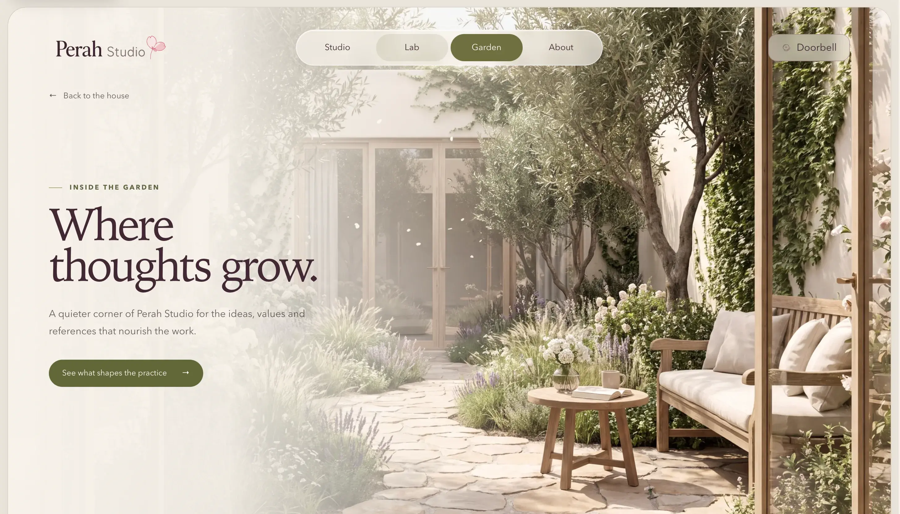 Wide view of the Perah Studio Garden with its quiet editorial introduction.