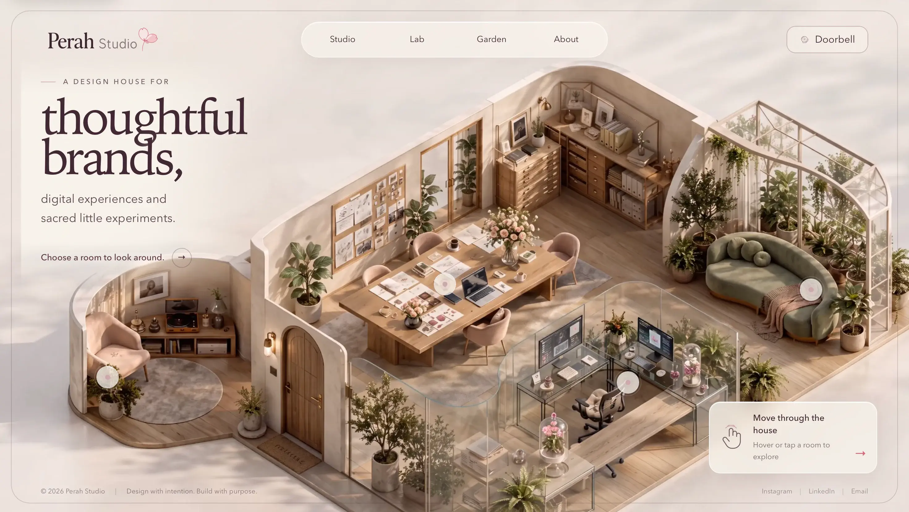Perah Studio homepage showing the design house and its four-room navigation.