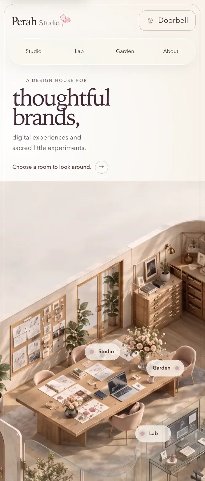 Perah Studio mobile homepage showing its introduction and interactive rooms.