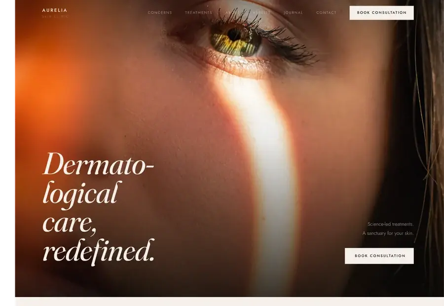 Aurelia clinical homepage with warm skin photography and editorial typography.