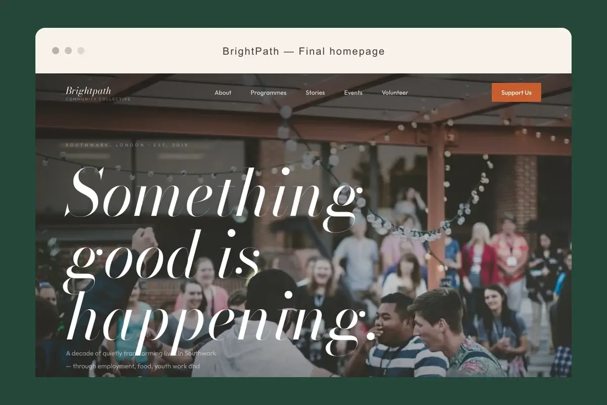 BrightPath community homepage composed inside a deep-green browser frame.