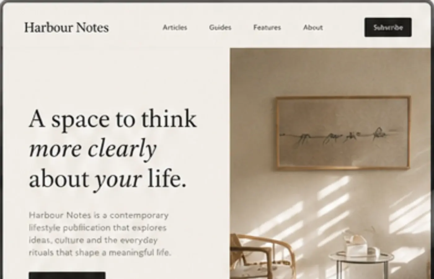 Harbour Notes publication homepage with editorial copy and a sunlit interior image.