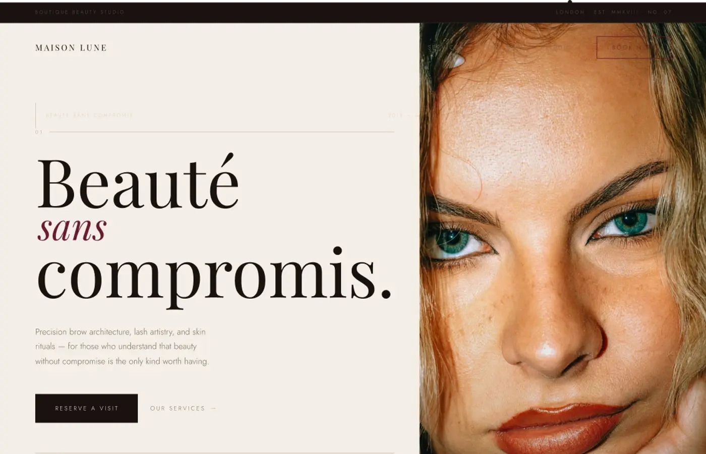Maison Lune homepage opening with a cream editorial panel and dramatic beauty portrait.