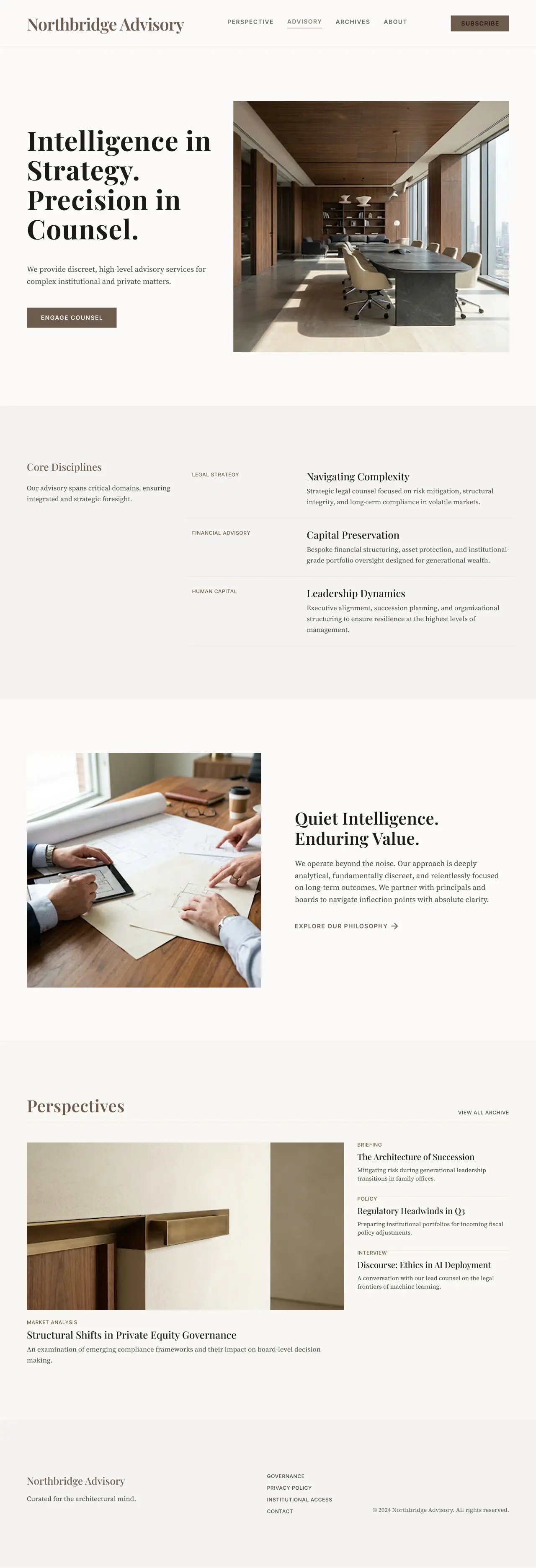 Complete Northbridge homepage showing services, insights and a restrained consultation path.