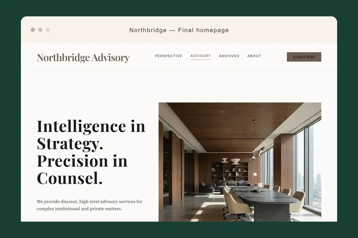 Northbridge website hero composed inside a strict deep-green browser frame.