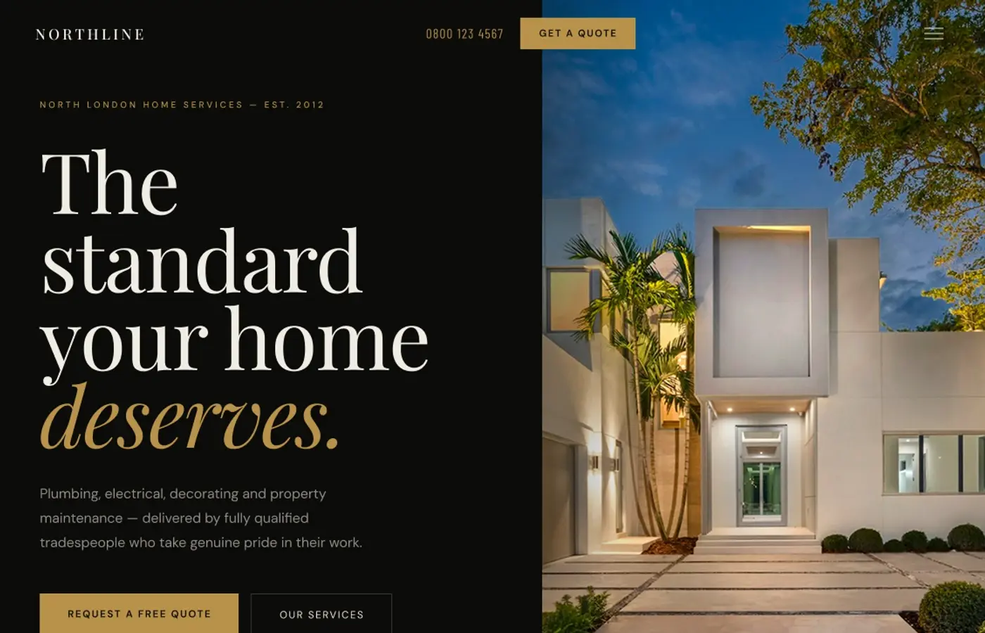 Northline dark homepage with a night-time residence and warm project accents.