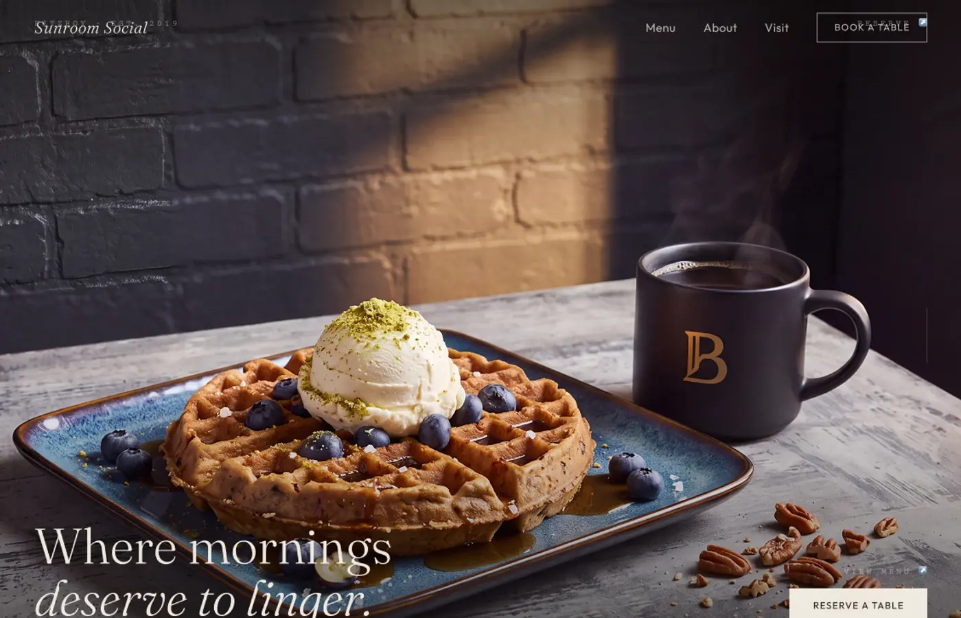 Sunroom Social homepage opening pairing breakfast photography with an editorial welcome.