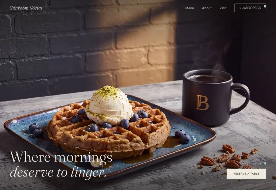 Sunroom Social homepage with waffle photography and warm editorial copy.
