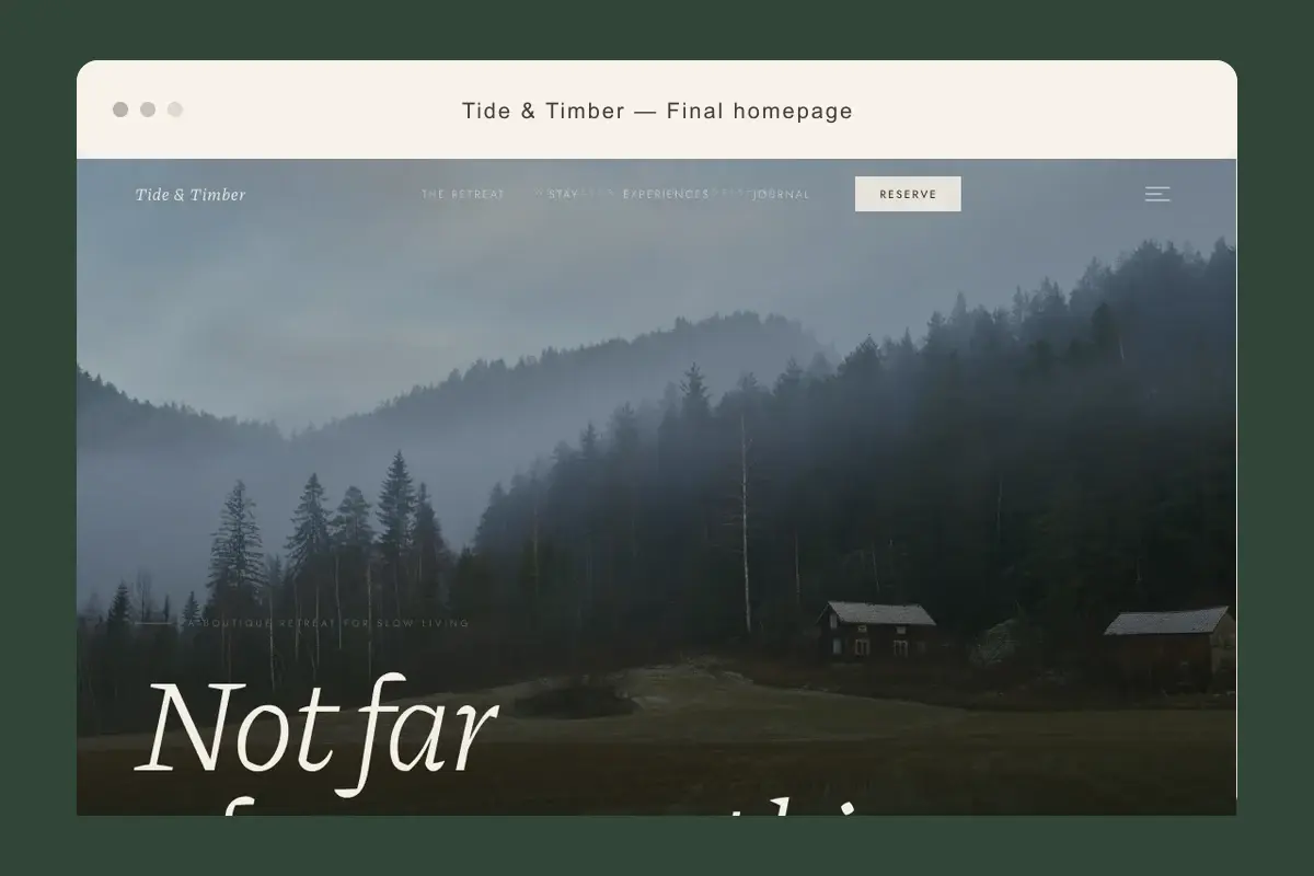 Tide and Timber website hero composed inside a deep-forest browser frame.