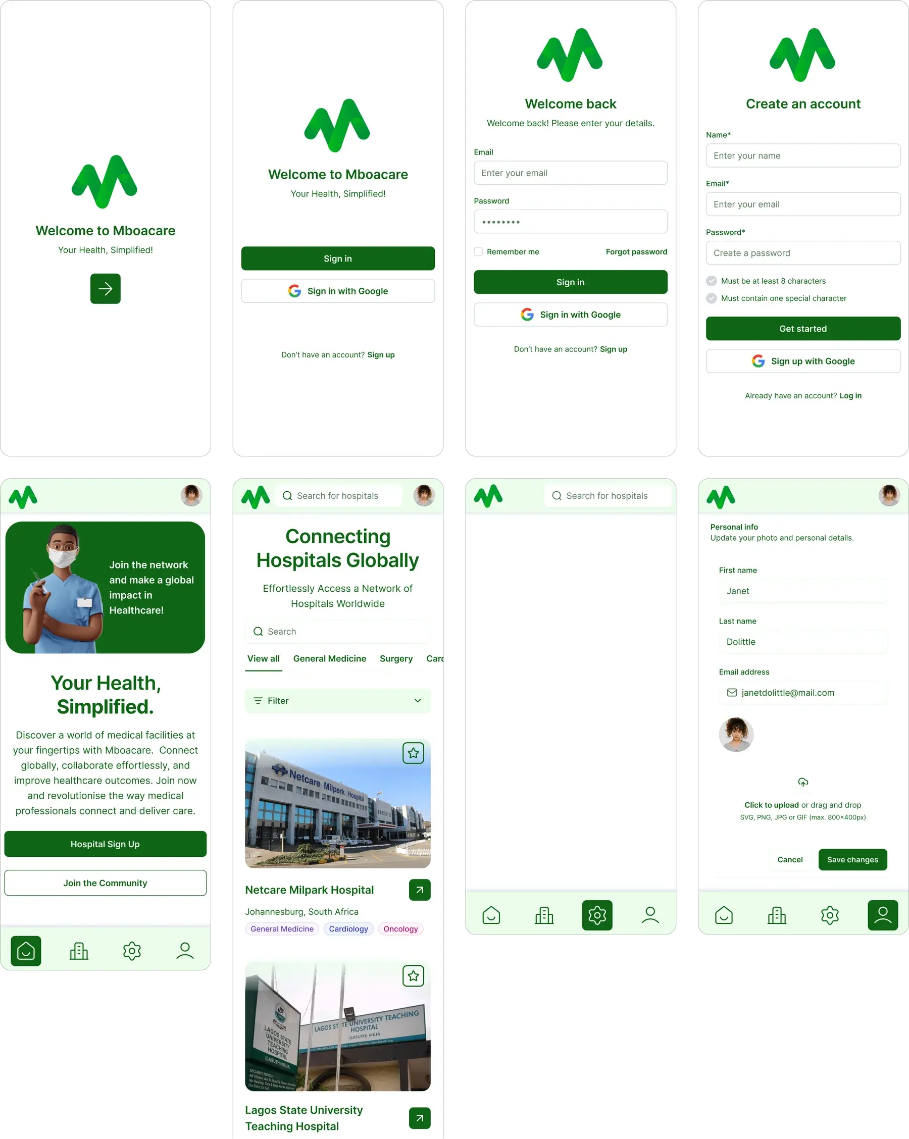 Mboacare authentication, home, hospital search and account screens.