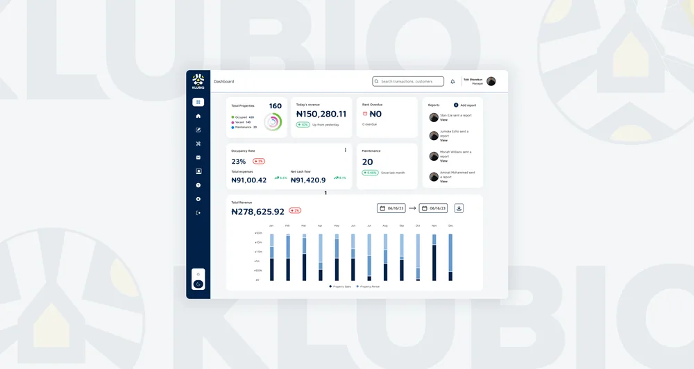 Klubiq property management interface shown across desktop and mobile screens.