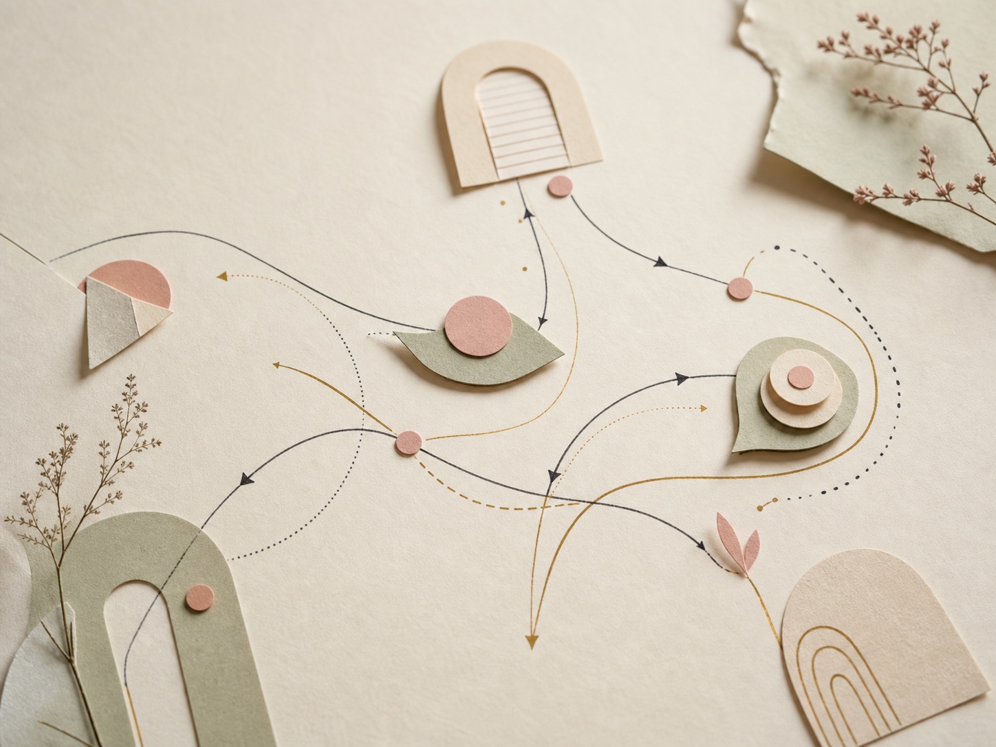 A tactile paper wayfinding diagram with winding paths and connected markers.